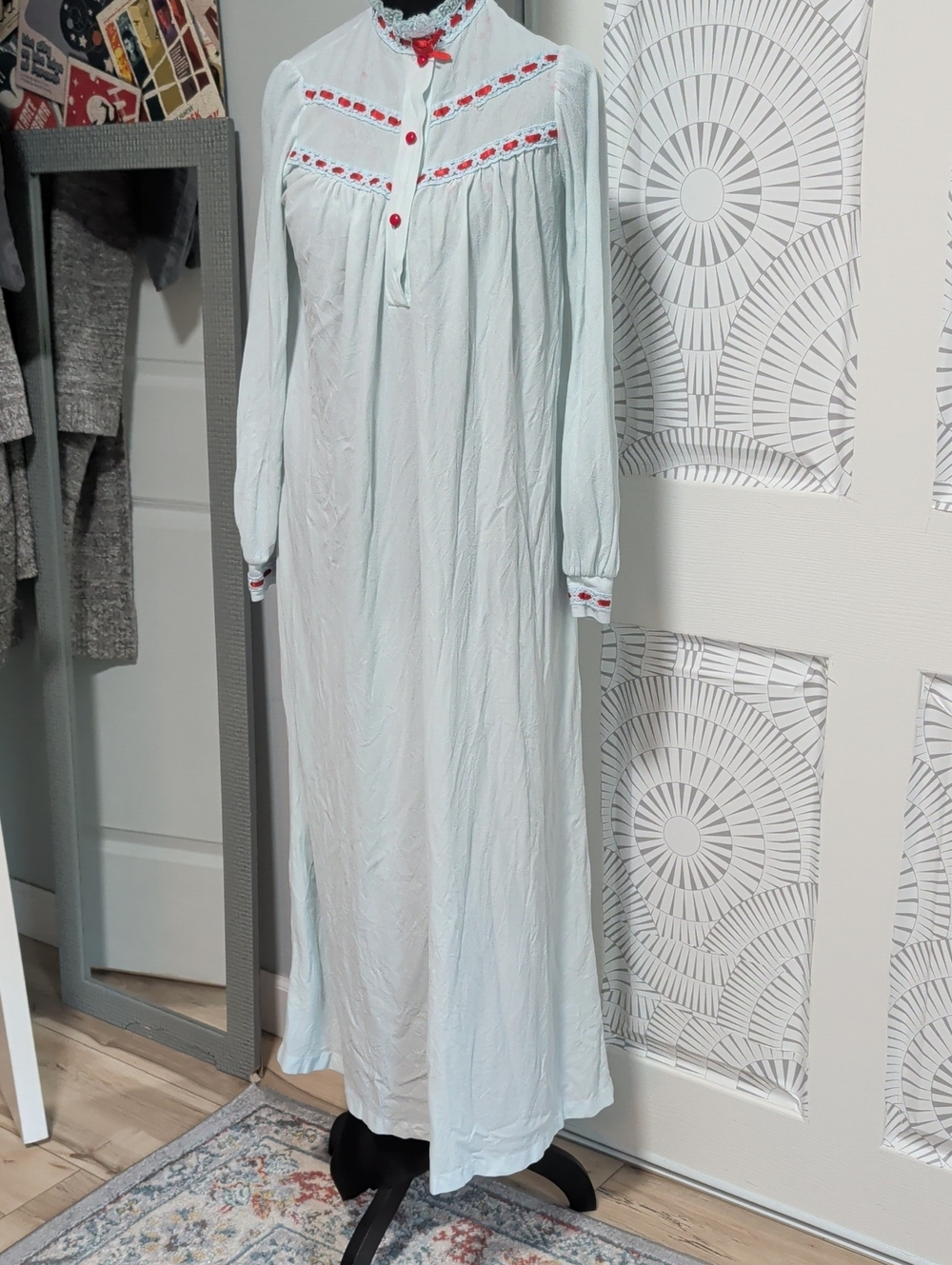 Vintage 80's Long Light Blue Nightgown With Red Ribbon Detail